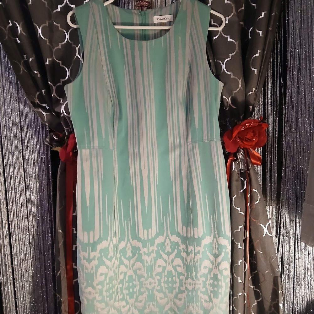 Calvin Klein Aqua and Grey Patterned Midi Dress